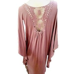 Tan Boho Crochet Back Tunic Super Soft Batwing Sleeve Hippie Size 1X Artsy